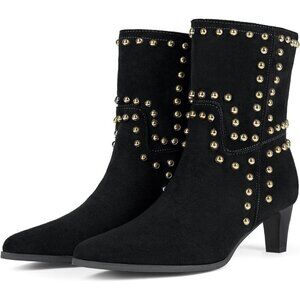 Women's Pointed Toe Low Kitten Heel Booties Slip On Rivet Ankle Boots Black